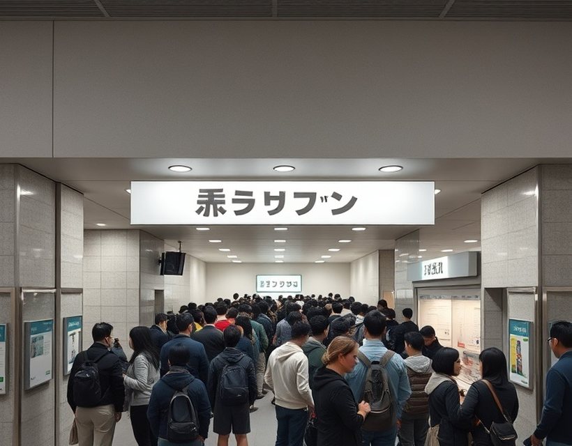 導入前 — すべての手続きが一つの列に並び、入口付近に待ち列が集中しています。